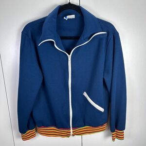 VTG‎ White Stag Med Blue Track Jacket Rainbow Stripe Trim Zip Front Retro Pride